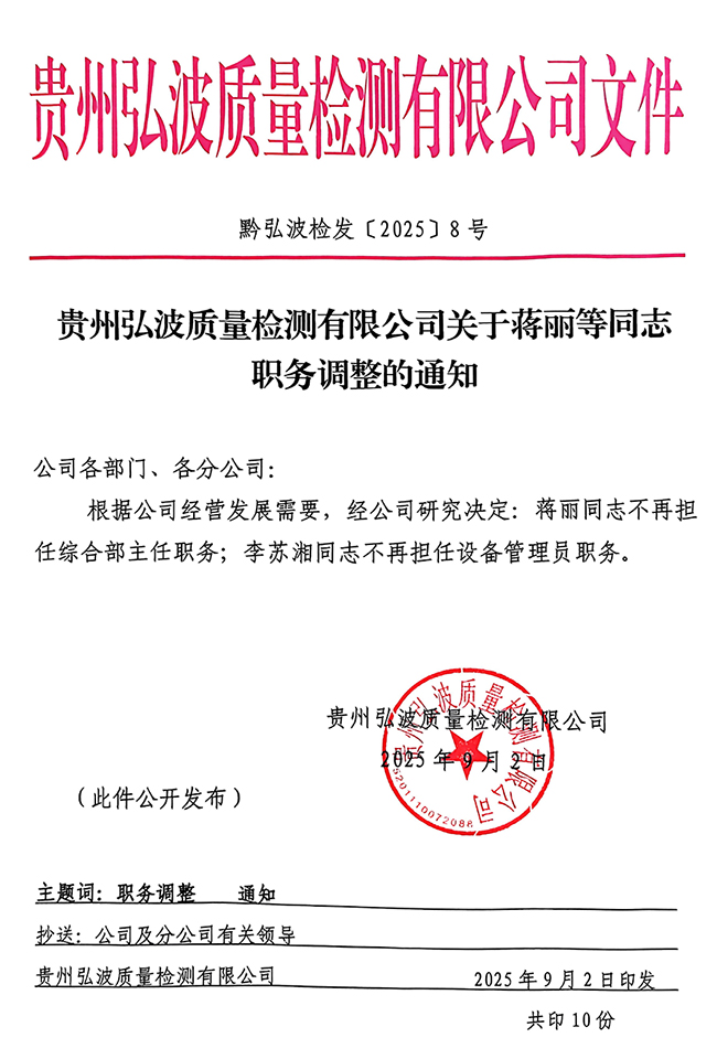 贵州弘波质量检测有限公司关于蒋丽等同志职务调整的通知